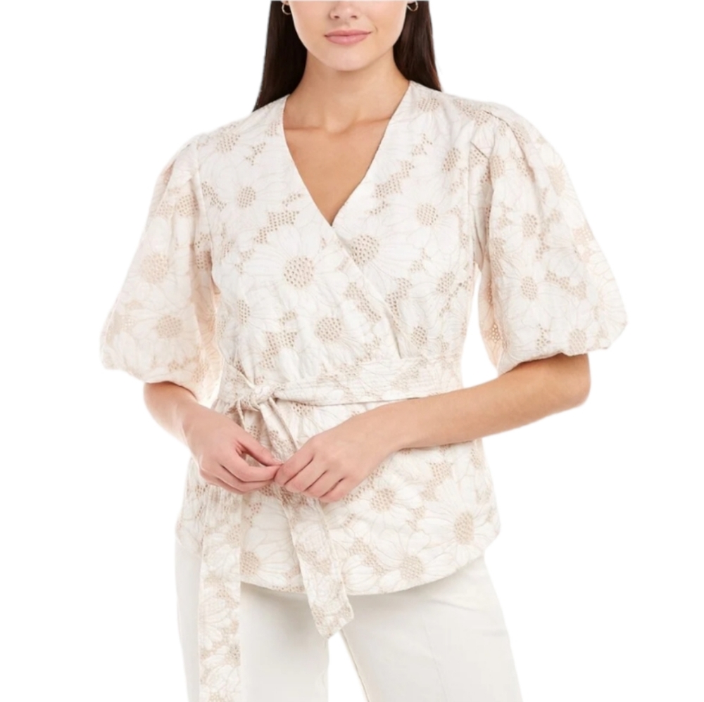 Elie Tahari Floral-Embroidery Faux Wrap Top, Size Medium